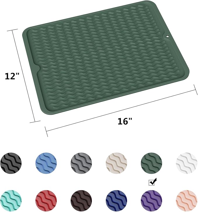 ZLR Silicone Dish Drying Mat for Kitchen Counter (12" x 16" / 307 x 405mm) - Large Fast-Dry Drainer Mat with Raised Wavy Ridges & 5mm Lip - Non-Slip, Heat Resistant 450°F, BPA-Free (Dark Green)