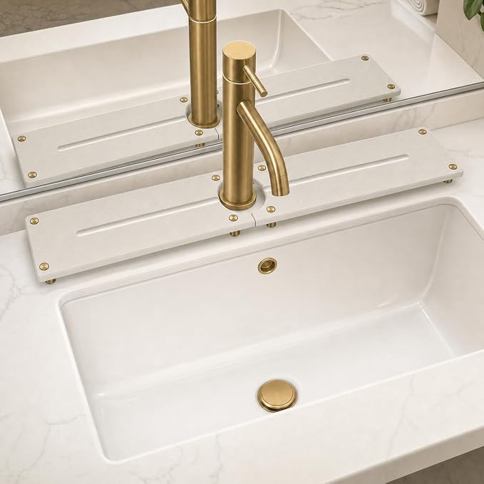 2PCS Stone Faucet Mat for Kitchen Sink, Water Absorbing Sink Tray Organizer for Bathroom Counter, Diatomite Soap Dish Coaster Caddy Riser, Sponge Holder Dispenser Mat, Gold Beige, 23.6" x 4", 1 Set