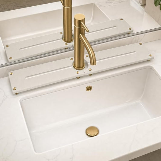 2PCS Stone Faucet Mat for Kitchen Sink, Water Absorbing Sink Tray Organizer for Bathroom Counter, Diatomite Soap Dish Coaster Caddy Riser, Sponge Holder Dispenser Mat, Gold Beige, 23.6" x 4", 1 Set
