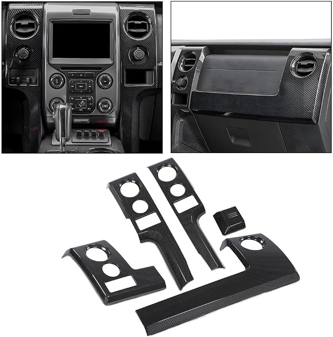 CHEDA Center Console Dashboard Panel Cover Trim Bezels Compatible with Ford F150 2009-2014 Polished Black Carbon Fiber