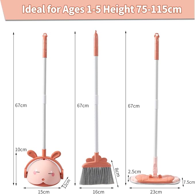 Midoneat Kids Cleaning Toy Set, Mini Child Broom, Mop and Dustpan, Little Housekeeping Helper Set ,Pretend Home Cleaning Play Set for Toddler Height 75-115cm ,6pcs (Pink)