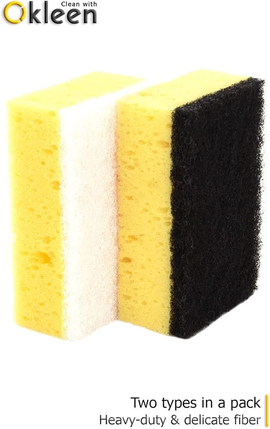 Yellow Multi Use Scrub Sponge. Made in Europe. Large Pack of 18. 4.3x2.8x1.4 inches. Black Heavy Duty & White Non Scratch Fiber. Best Odorless & Durable Professional Scrubber for Commercial Use