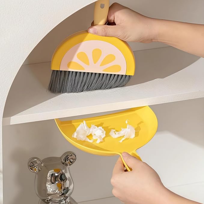 1Pcs Small Broom and Dustpan Set Cute Little Yellow Green Hand Mini Broom and Dustpan Set for Home Sofas Kitchen Countertops Storage Shelves Bathrooms Pet Areas