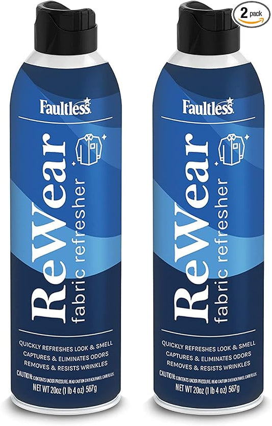 Faultless ReWear Dry Wash Spray for Clothing – Wrinkle Remover, Fabric Refresher Spray, Captures Odors – Like Dry Shampoo for Clothes: Fresh Look W/Out Laundry, 20oz 2 Pack