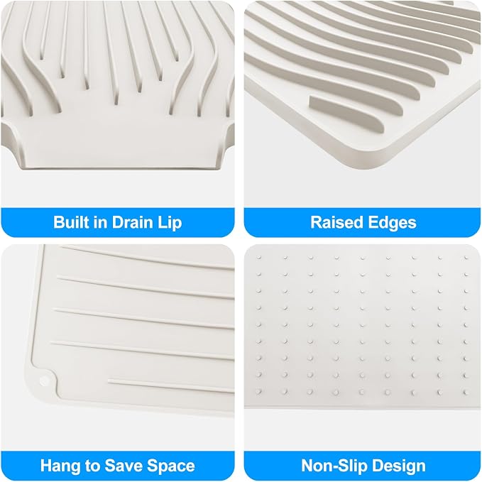 Silicone Dish Drying Mat for Kitchen Countertops and Sinks,19 x13.7 Inch Non Slip Heat Resistant Mat with Built In Drainage System,For Refrigerator and Drawer Liners (Creamy-white, 19 x13.7 Inch)