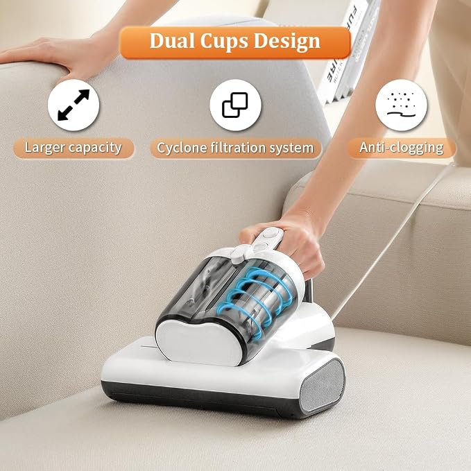 Laymi Mattress Vacuum Cleaner with UV-C Light, 450W Powerful Handheld Bed Vacuum with High Beating Roller Brush, True HEPA Filter, XL Dual Larger Dust Cup for Deep Cleaning of Dust & Pet Hair