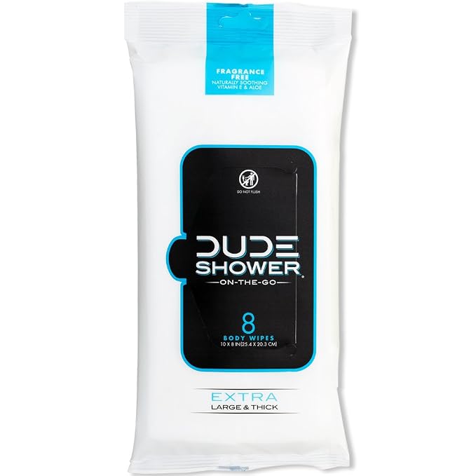 DUDE Wipes Fragrance Free On-The-Go Shower Wipes - Extra-Large and Thick Cleansing Body Wipes Ideal for Travel - 1 Pack (8 Count) - Infused with Vitamin E and Aloe