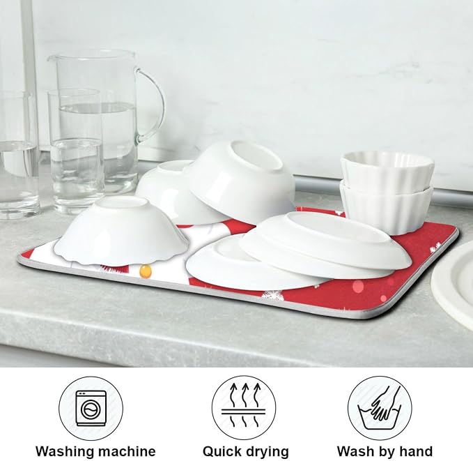 Christmas Snowflakes Snowman Dish Drying Mat 16 X 18 Inch Xmas Snowmen Winter Santa Dry Dishes Pads Tableware Mats Protector for Kitchen Countertops Counter Home Decorations