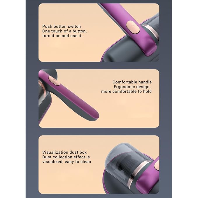 Ymiko Mattress Vacuum Cleaner, Handheld, Purple, 2 Speeds, HEPA Filter, Dual Pulsating Pads, 185ml Dust Cup, Cordless, Portable, For Mattress, Sofa, Bed, Pillow, Carpet