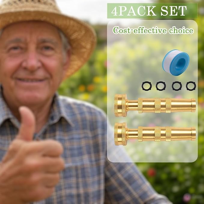 Brass Garden Hose Nozzle Bundle High-Pressure Heavy Duty Adjustable Spray 3/4" GHT for Patio Garden Hose Sprayer (2Packset)