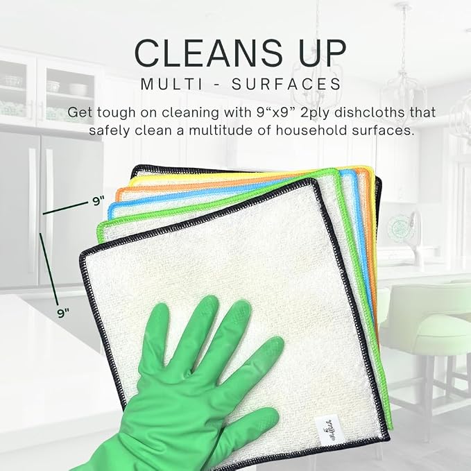Whiffkitch Dishcloths Dishrags for Kitchen and Household Cleaning 9x9 6-Pack Non-Scratch 2-Ply Weave, Bamboo-Rayon Fabric, Absorbent, Washable, Long-Lasting (No Loops)