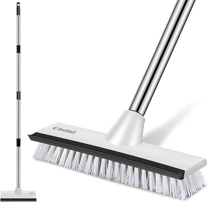 SetSail Floor Scrub Brush, 51-Inch Adjustable Long Handle Brush,Black White | 2 in 1 Scrape Brush Stiff Bristle Floor Scrubber for Cleaning Shower Bathroom Garage Kitchen Wall Deck Tub Tile