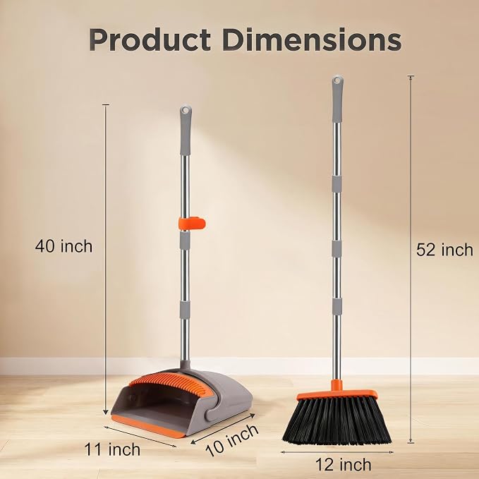 Broom with Standing Dustpan Combo Set, 52" Long Handle Self-Cleaning Teeth, 5-Row Stiff Bristles Angled Head, TPR Rubber Lip for Kitchen Pet Hair Sweeping Indoor Outdoor