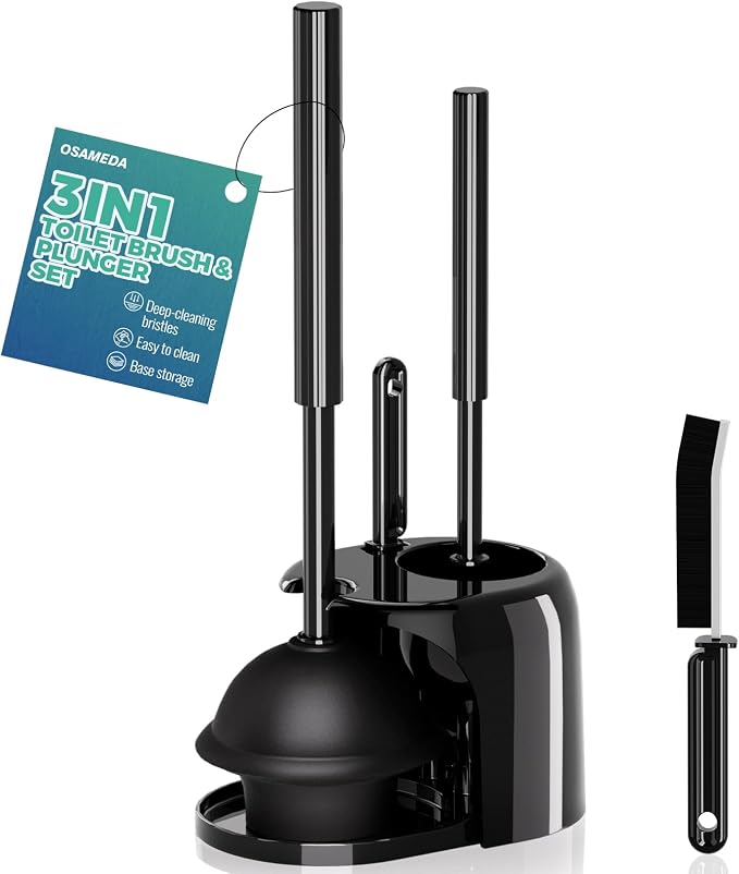 3 in 1 Toilet Brush and Plunger Set with Crevice Cleaning Brush, Toilet Plunger and Brush Set with Extra Long Handle, Plungers for Bathroom Accessories, Toilet Plunger with Holder, Black | Black bathroom decor, apartment essentials, home essentials, cl...