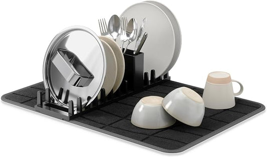 Umbra UDry Dish Drying Rack with Mat – Kitchen Countertop Dish Drainer & Absorbent Microfiber Drying Mat, Foldable Dish Rack Organizer for Plates, Cups & Utensils, Black