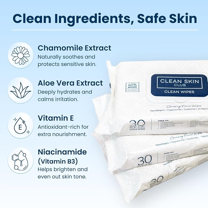 Clean Skin Club Clean Wipes, XL Makeup Remover Face Wipes, Textured Cleansing Facial Wipes for Sensitive Skin, Hypoallergenic, Fragrance-Free, Vegan, 40% Bigger, 30 Count