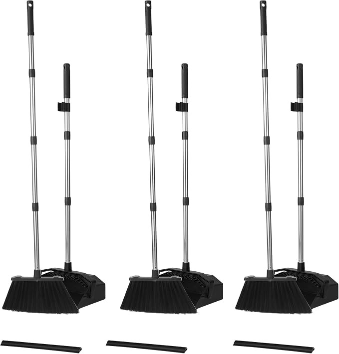 Tiumso 3-Pack Broom with Dustpan Combo Set, Commercial Broom and Dustpan Set, Dust Pan with Long Handle, 51'' Large Brooms with Self-Cleaning Dust Pan Teeth for Restaurant Lobby Garage - Black