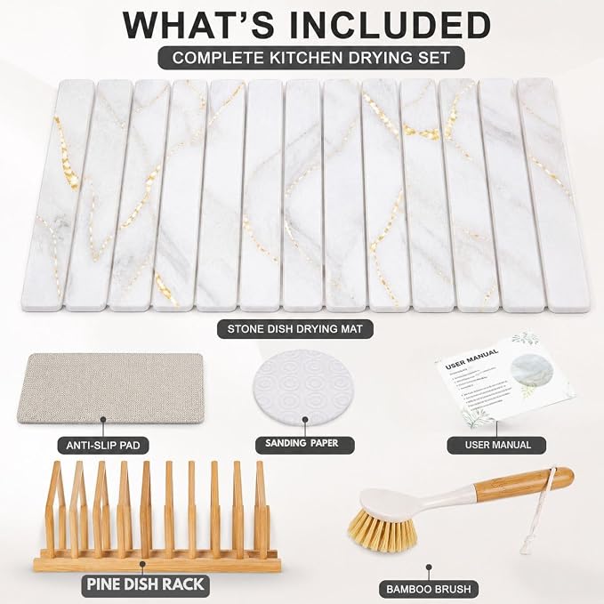 Dish Drying Mat, Large Stone Dish Drying Mat for Kitchen Counter 24" x 16", Foldable Diatomite Drying Stone Counter Mat with Non-Slip Base, Foldable Quick Dry Dish Drying Mats【White】