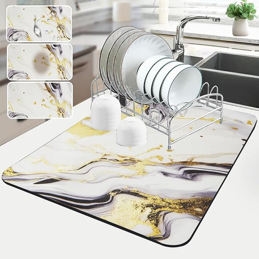 Sofort Dish Drying Mat for Kitchen Counter, Gold Black Marble Dish Drying Pad with Non-slip Rubber Backed, Super Absorbent Drying Mats for Dish Rack, Coffee Maker 16 x 24 Inches