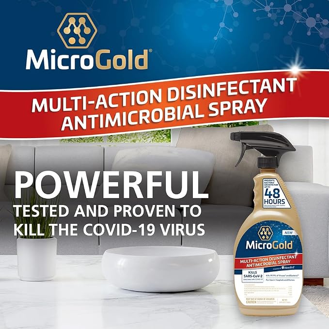 MicroGold Multi-Action Disinfectant Antimicrobial Spray Tested and Proven Effective to Kill the COVID-19 Virus, Kills 99.9% of Viruses and Bacteria, 24 Fluid Ounces, 6 Pack, Packaging May Vary