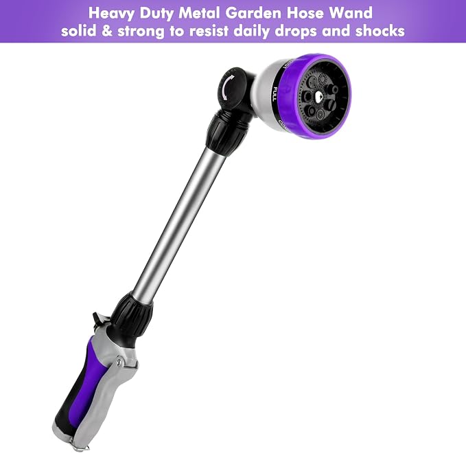 RESTMO Heavy Duty Metal Hose Wand, Watering Wand for Garden Hose | 180° Swivel Ratcheting Head, 16'' Hose Sprayer, 7 Spray Patterns, Flow Control, Ideal for Hanging Baskets & Shrubs, Purple