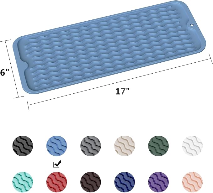 ZLR Small Dish Drying Mat (6" x 17" / 153 x 433mm) - Narrow Silicone Drainer for Kitchen Counter, Apartment & RV - Compact Sponge Holder & Sink Caddy Tray, Non-Slip Food-Grade Silicone (Lichen Blue)