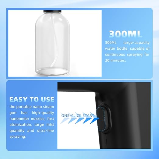 Blue Light Electrostatic Sprayer Handheld Nano Mist Sprayer Black | Disinfectant Fogger with 300ml Large Capacity, Rechargeable Atomizer for Home Office Car Air Refresh Multipurpose Portable