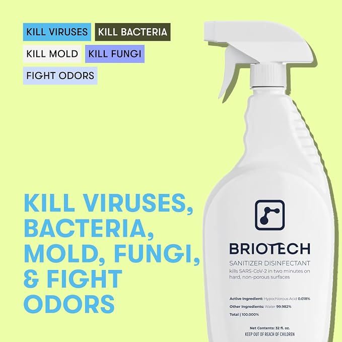 BRIOTECH Sanitizer Disinfectant Hypochlorous Spray, Kill 99.99% of Viruses & Bacteria, Control Mold, Eliminate Odor, Gentle for Nursery & Play Rooms, Food Contact Surface Sanitizer, 32 fl oz