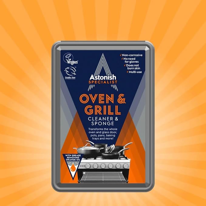 Astonish Specialist Oven & Grill Cleaner & Sponge, 250g – Powerful Degreasing Paste with Orange Oil, Restores Shine Without Harsh Chemicals – For Ovens, Grills, Racks & Toughened Glass