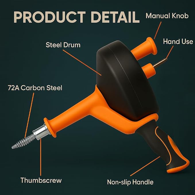 42 FT Drain Snake Hair Drain Clog Remover, Manual Or Powered, Plumbing Snake With Drill Adapte,Unclog Sink Drain Tool, Drain Auger for Toilet、Shower、Kitchen、Sink, No Auto Retract Or Feed, Orange