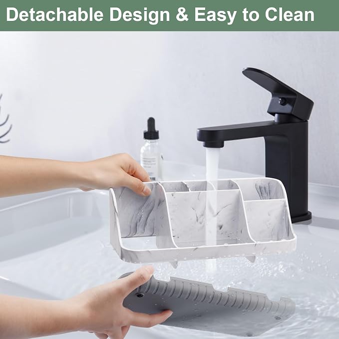 GFWARE Marble Bathroom Countertop Organizer - Detachable 7 Slots Kids Electric Toothbrush and Toothpaste Holde Drainage for Bathroom Accessories Organization Counter Vanity Storage, Grey