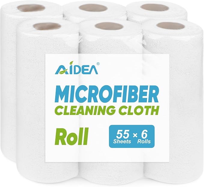AIDEA White Microfiber Cleaning Cloth-330 Sheets 6 Roll, Shop Rags 11×9" | Reusable Paper Towels, White Shop Towels, Cleaning Rags for Automotive, Mechanic, Workshops, House, Car Cleaning Supplies