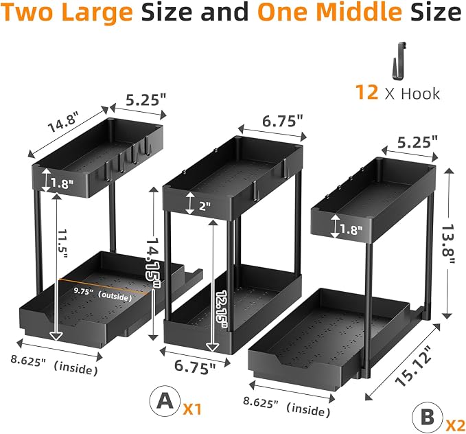 Simple Trending Under Sink Organizer 3 Pack, Sink Pull-Out Sliding Storage Cabinet, 2-Tier Under Shelf Organizer for Kitchen Bathroom, Black