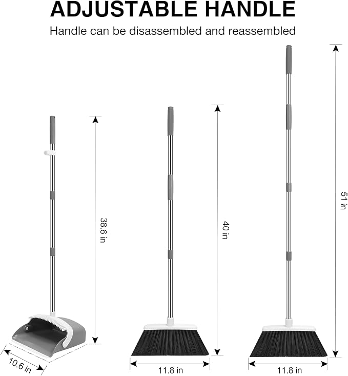 NACENA Broom and Dustpan Set, 52-in Long Adjustable Handle Broom Dustpan Combo with Dustpan Teeth to Automatically Clean Hair Suitable for Home Kitchen Office Hall Floor (Grey&White),3 Pack
