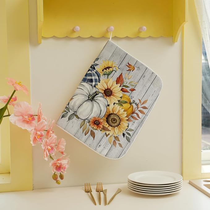 Fall Dish Drying Mat 18 x 24 Inch Thanksgiving Sunflower Pumpkin Drying Mat for Kitchen Counter Absorbent Farmhouse Harvest Autumn Maple Leaf Dishes Dry Pad for Drainer Rack Kitchen Fast Dry