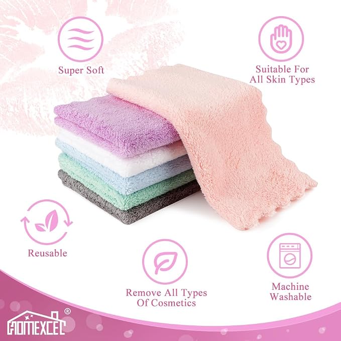 HOMEXCEL Premium Makeup Remover Cloth 48 Pack, Reusable Super Soft 7 x 7 Inch Facial Cleansing Cloths with Just Water, Highly Absorbent Microfiber Coral Velvet Face Towels Washcloths