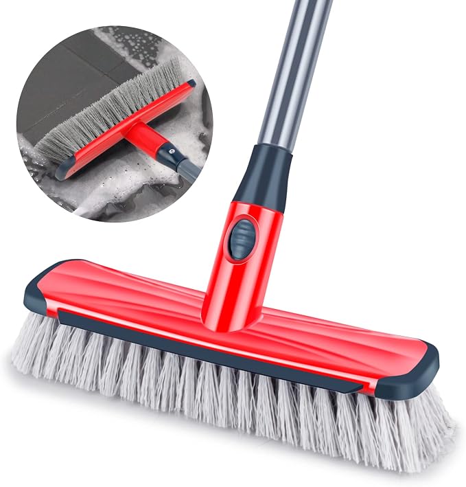 Floor Scrubber with Long Handle, 2 in 1 Scrubbing Brush Stiff Bristle Shower Cleaning Brush for Bathroom, Kitchen, Tub, Carpet, Grout, Tile(Red)