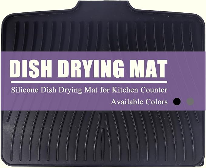 Silicone Dish Drying Mat for Kitchen Counter,16"X13" With Built-in Drain Lip,Food-Grade Silicone, Heat-Resistant Eco-friendly Hygienic Drying Mat Leak-Proof and Non-Slip, Multi-Functional Use（Black）