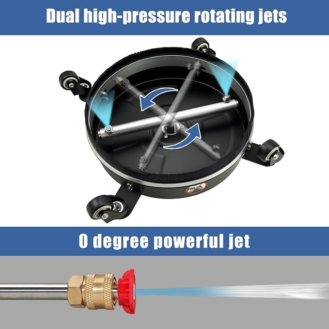 JANZ 14'' Black Pressure Washer Surface Cleaner | 4 Wheels, Stainless Steel Housing, 1/4" Quick Plug, 2 Extension Wands, 2 Replacement Nozzles and 3 Spray Nozzles,4000 PSI