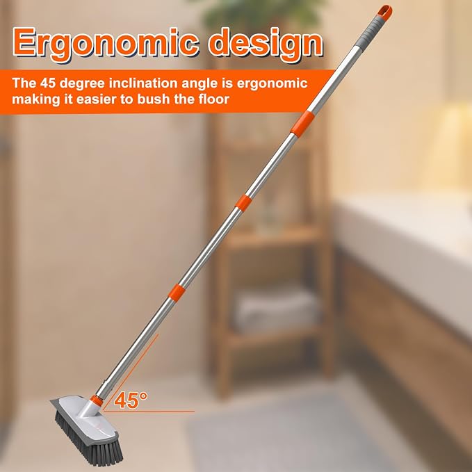 ITTAR Floor Scrub Brush with Long Handle, 12" Wide 2-in-1 Deck Brush and Squeegee with 55" Stainless Steel Pole, Heavy-Duty Stiff Bristles for Shower, Tile, Garage, Patio & Kitchen-Orange