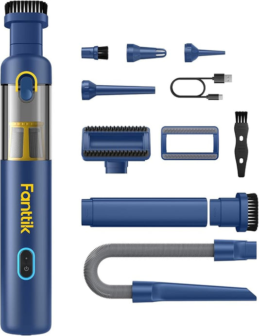 Fanttik Slim V8 APEX Car Vacuum, 4-in-1 Portable Mini Cordless Vacuum with 19000pa Suction Power for Pet Hair, Type-C Charge, One-Touch Empty for Car, Office Desk, Keyboards (Blue)