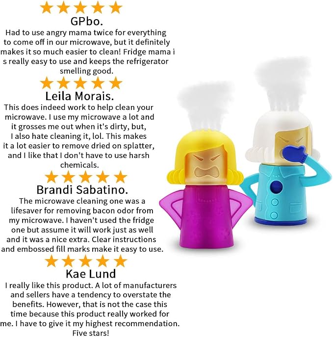 Abnaok Angry Mom Microwave Cleaner and Chilly Mama Fridge Deodoriser 2PCS Easily Clean in Minutes for Home or Office with English Manual