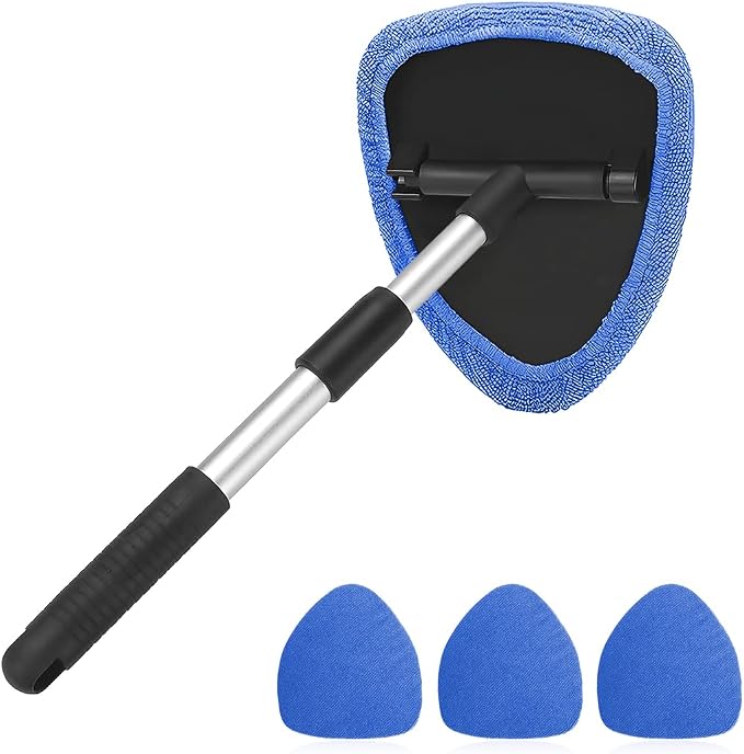 Extendable Car Windshield Cleaning Tool with Microfiber Pads, Blue | reusable glass-wiper design, interior and exterior window use, fits most cars, SUVs, and trucks, automotive cleaning tools
