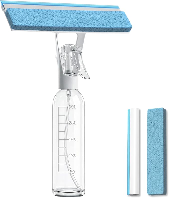 3-in-1 Window Squeegee for Window Cleaning with 300ML Tank & Scrubber | Window Cleaning Kit with Sponge Scrubber, Shower Squeegee for Glass Doors, Mirrors, Windshields, Car Windows & Hanging Hole