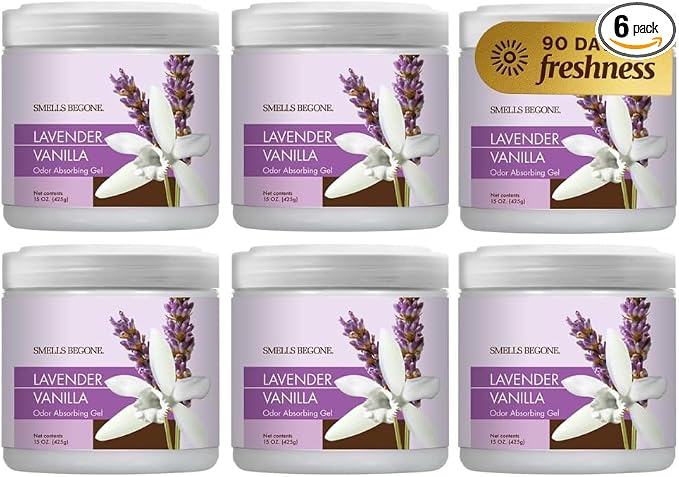 SMELLS BEGONE 15oz Gel Odor Eliminator - Absorb & Remove Tough Odors in Pet Areas, Bathrooms, Basements, Garage, Cars, RVs & Boats - Eliminate Odors Quickly (6-Pack, Lavender Vanilla)