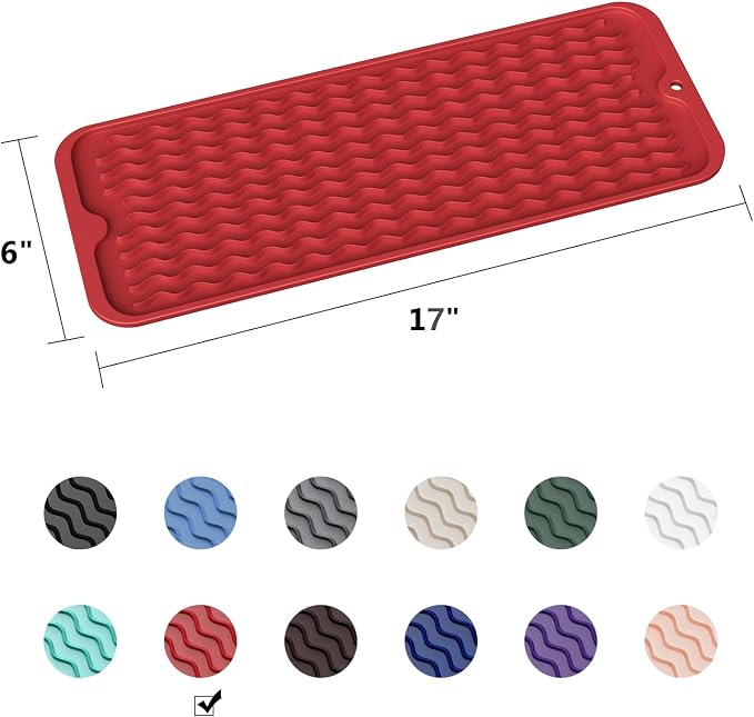 ZLR Small Dish Drying Mat (6" x 17" / 153 x 433mm) - Narrow Silicone Drainer for Kitchen Counter, Apartment & RV - Compact Sponge Holder & Sink Caddy Tray, Non-Slip Food-Grade Silicone (Lava Red)
