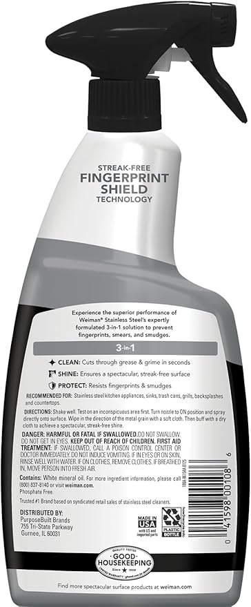 Weiman Stainless Steel Cleaner & Polish, 2 Pack, Anti Fingerprint Spray Stainless Steel Cloth, Water Spots & Grease, No Streaks or Residue, Safe for Metal Polish, Chrome, Appliances, Sinks & Grills