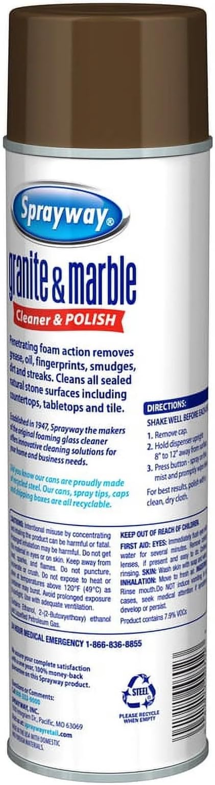 Sprayway SW702R Aerosol Granite & Marble Spray, 19 oz | Streak-Free Stone Cleaner for Sealed Natural Surfaces | Removes Grease & Fingerprints | Non-Abrasive Foaming Formula