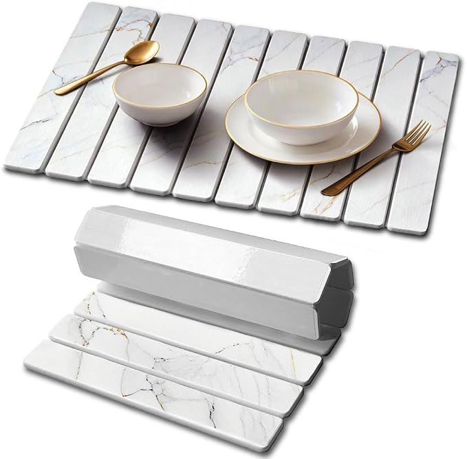 Stone Drying Mat for Kitchen Counter, Quick Diatomaceous Earth Mats for Dishes, 24"L x 16" W Super Absorbent Fast-Drying Collapsible Countertop Stone Mat (Marble Gold White, 24" x 16")