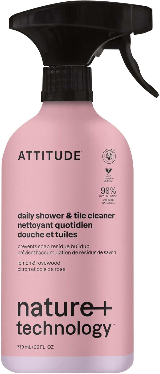 ATTITUDE Shower & Tile Cleaner Spray, EWG Verified, Bathroom Cleaner Removes Soap Scum & Grime, Plant-Based & Vegan, Lemon & Rosewood Scent, 26 Fl Oz